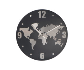 Wanduhr aus Aluminium mit Weltkarte in Hintergrund